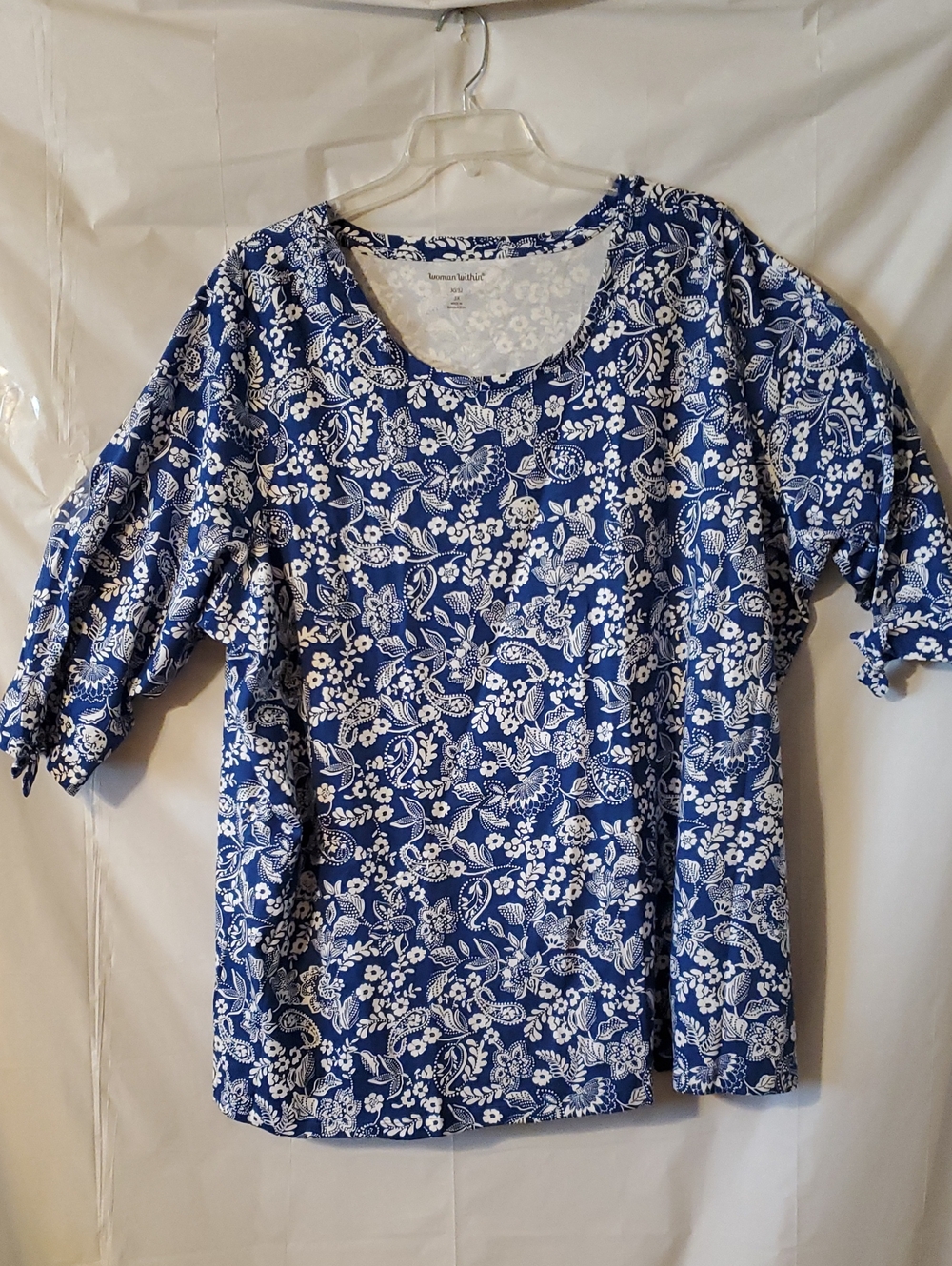 Woman Within 3X Top Blue & White Floral Scoop-Neck Long Sleeve with end ties NEW - Picture 3 of 12